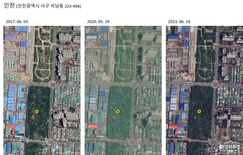 인천 서그에 조성된 차단숲의 시계열변화(사진=국립산림과학원 제공).jpg